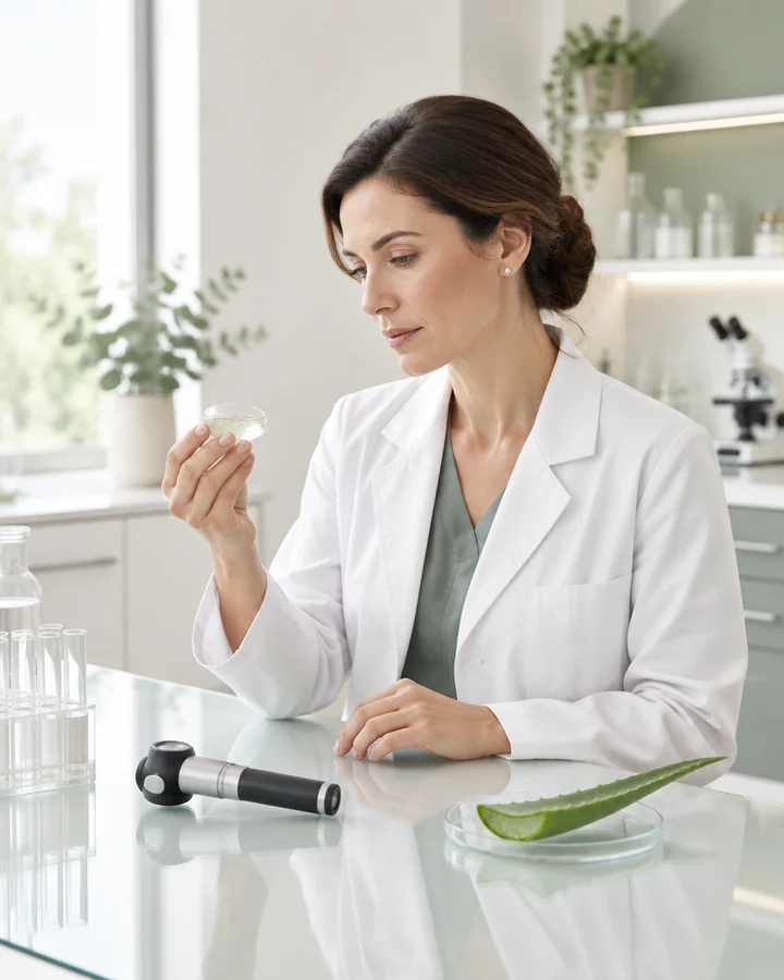Generic dermatologist reviewing a formula sample in a clinical laboratory