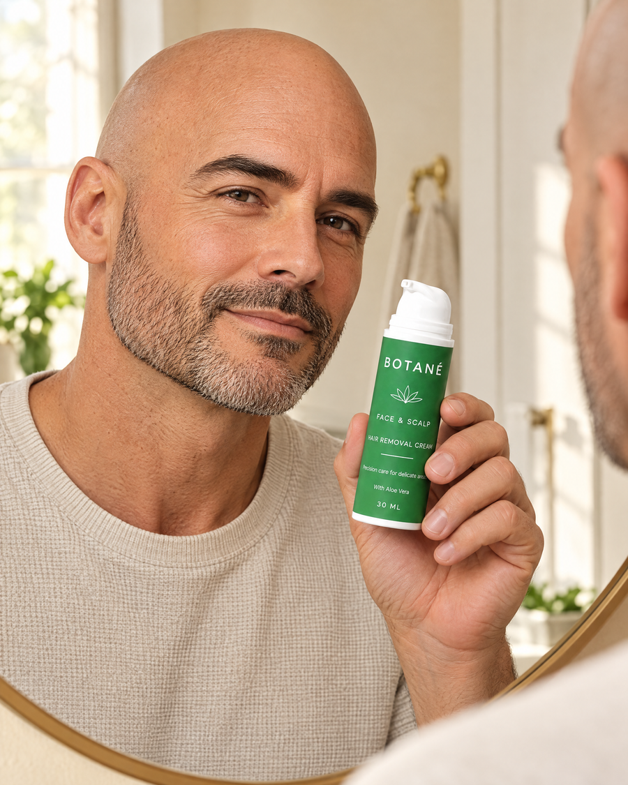 Bald man holding Verdane Face and Scalp cream