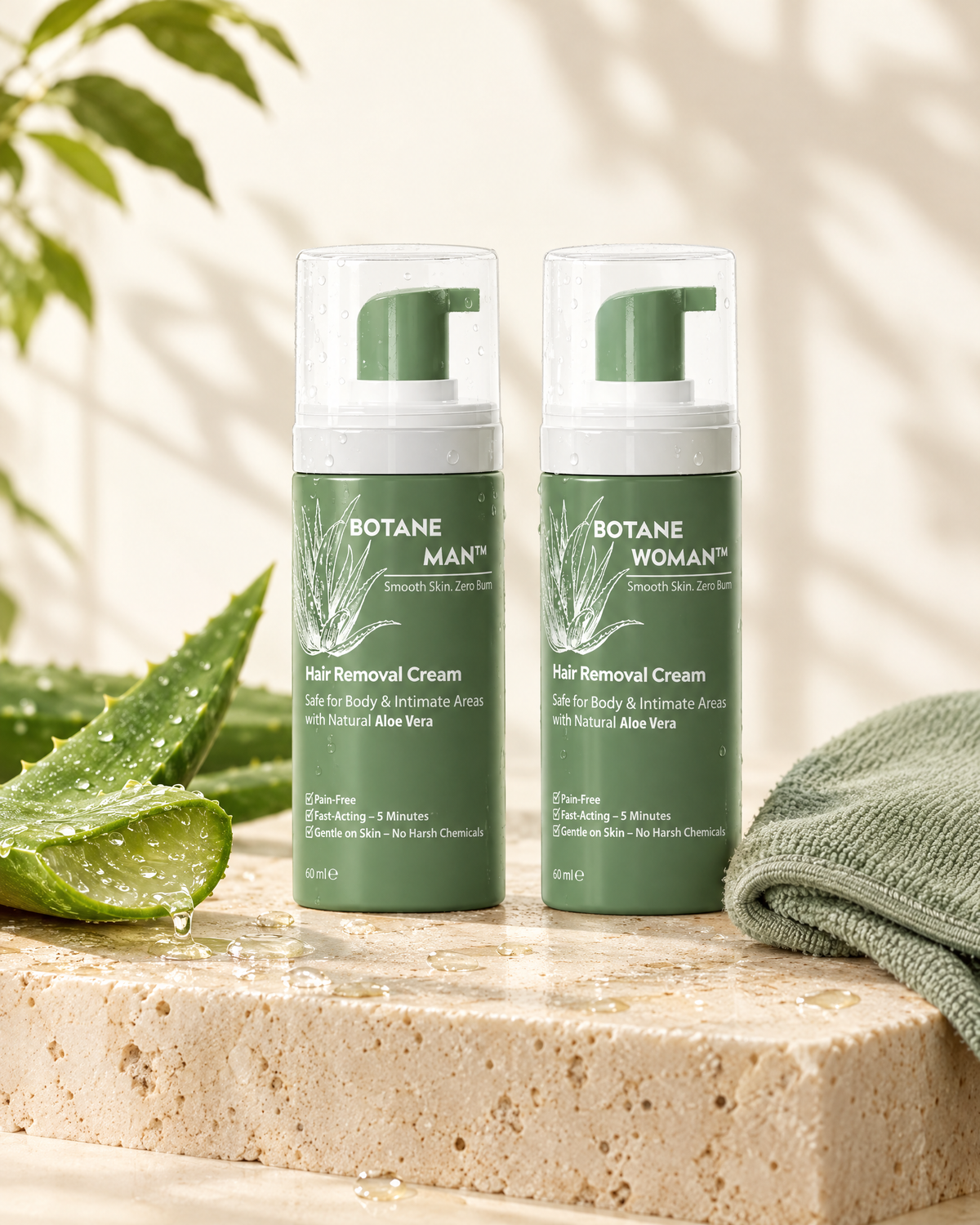 Verdane Man and Verdane Woman hair removal cream bottles with aloe vera