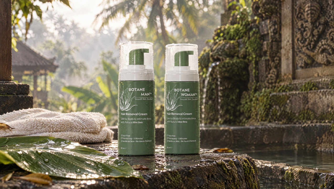 Verdane Man and Verdane Woman bottles on volcanic stone in an open-air bathroom in Bali